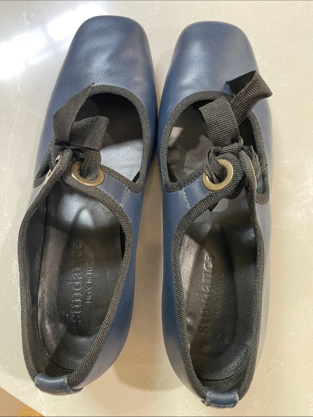 Sundance Navy Leather Ribbon-Tie Flats